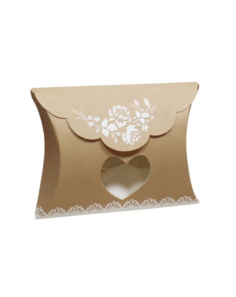 Kissenschachtel Kraftpapier mit Herz-Fenster + weissem Rosendekor-Prägedruck